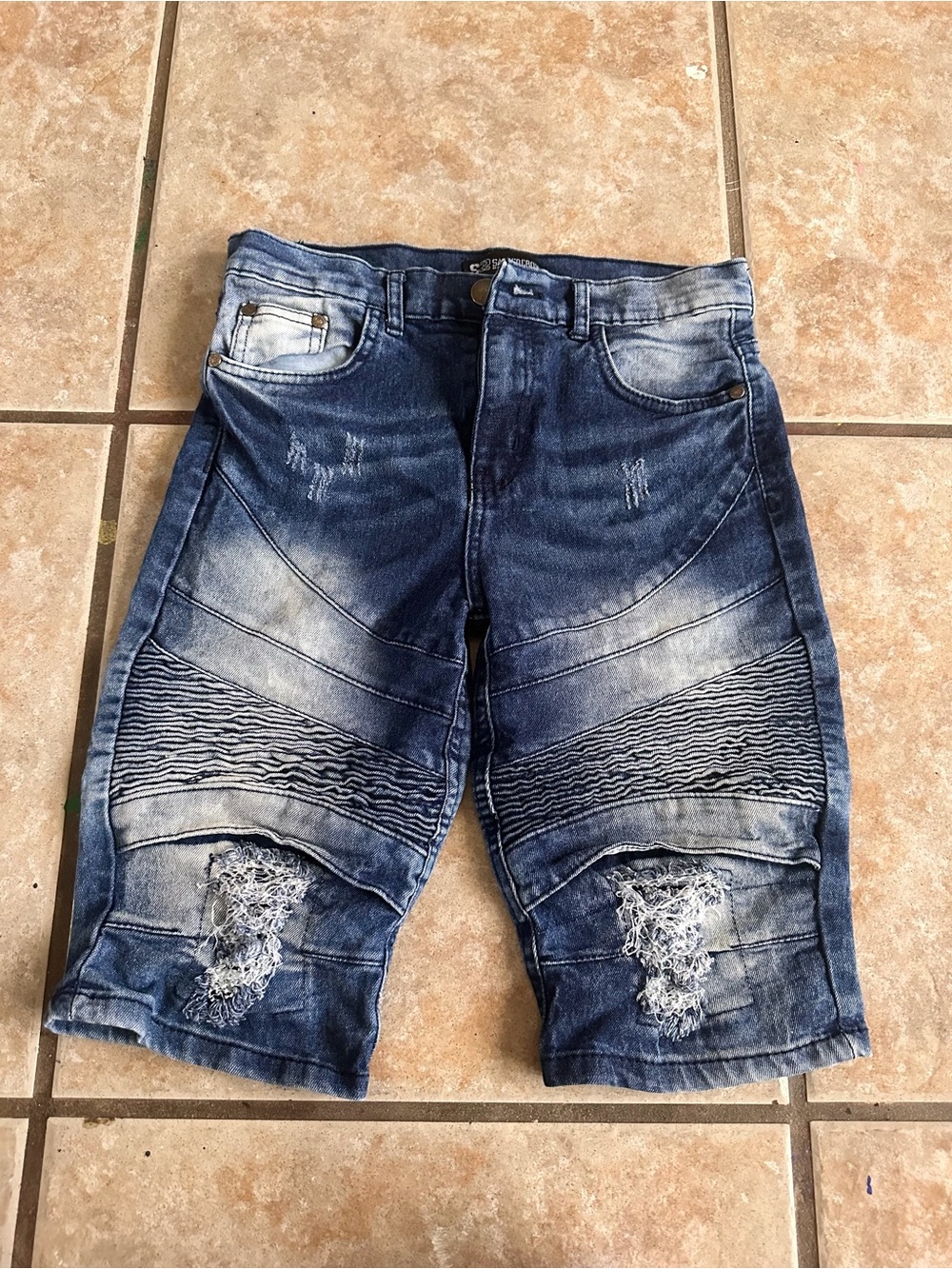 Sacred Crown Black Premium Distressed Denim Moto Shorts Boys Size 14 Biker Jorts
